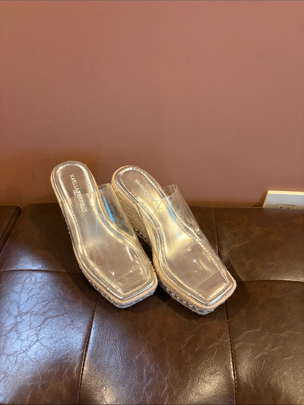 Karl Lagerfeld Clear Espadrille Wedge Mules